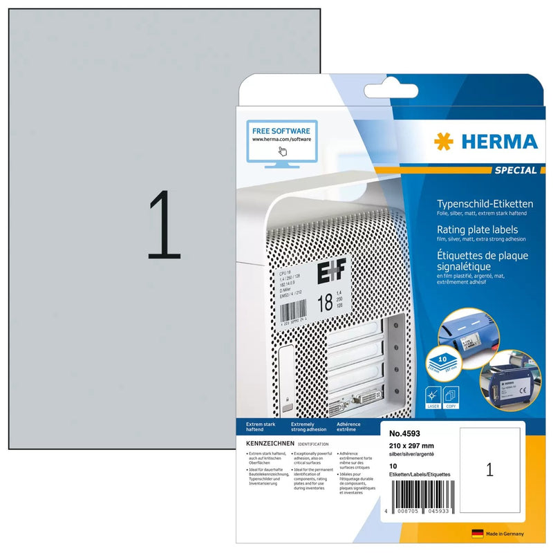 Herma Labels Placas Identificación A4 Plateadas. Lámina 210X297 Mm 10 Units
