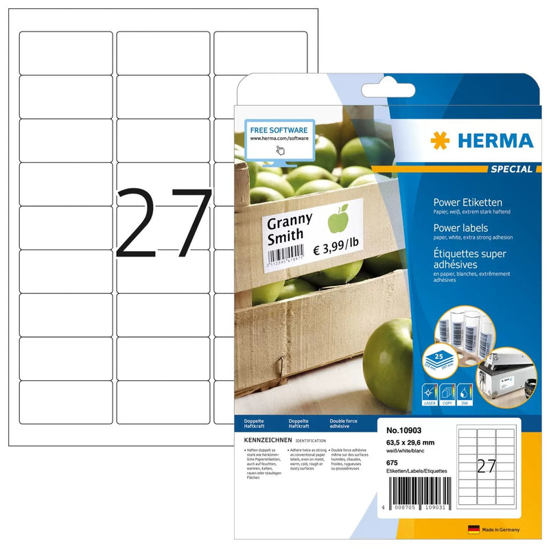 Herma Labels A4 White 63,5X29,6MM Extremadamente Adhesivas 675 Units