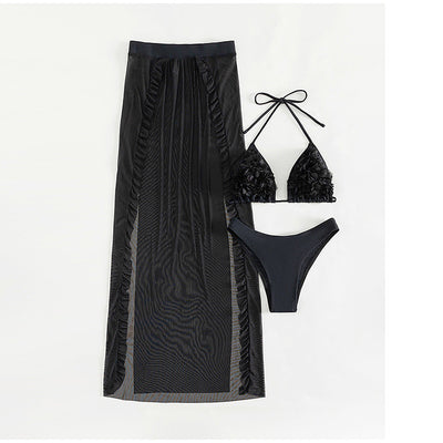 Womens Solid Color Versatile Casual Mesh Bikini Set