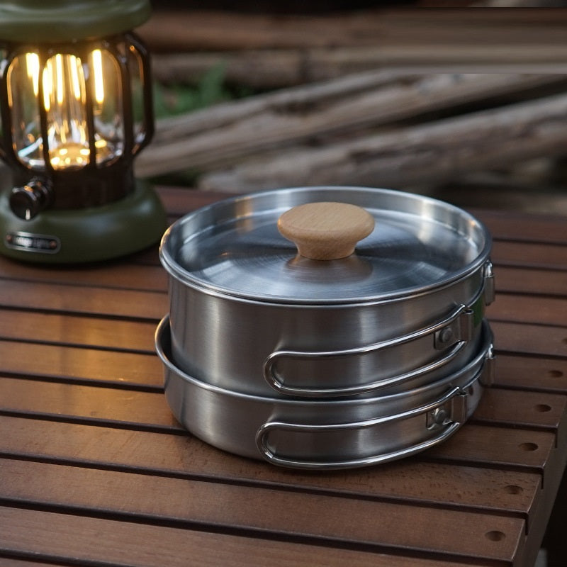 Outdoor Mountaineering 304 Stainless Steel Folding Handle Pot Camping Portable Frying Pan Soup Pot