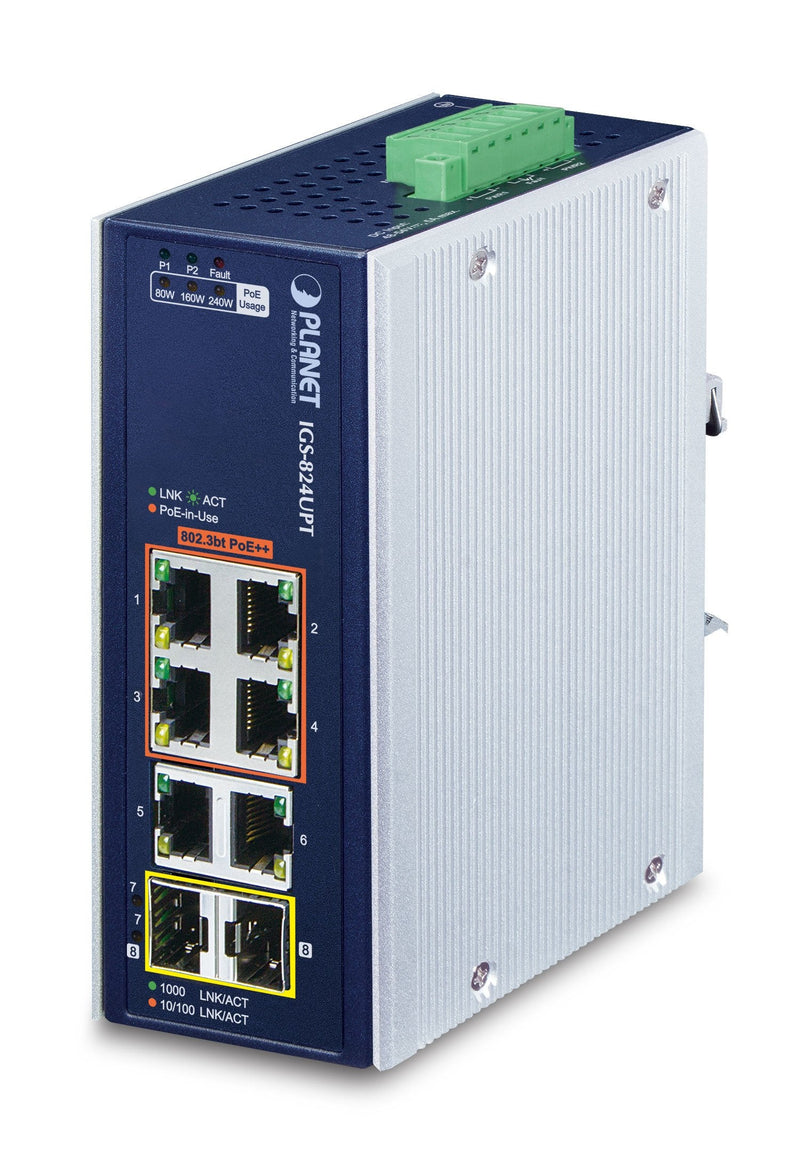 Planet Industrial 4-PORT Ge 802.3AT + 2 Ge + 2 100/1000X Sfp