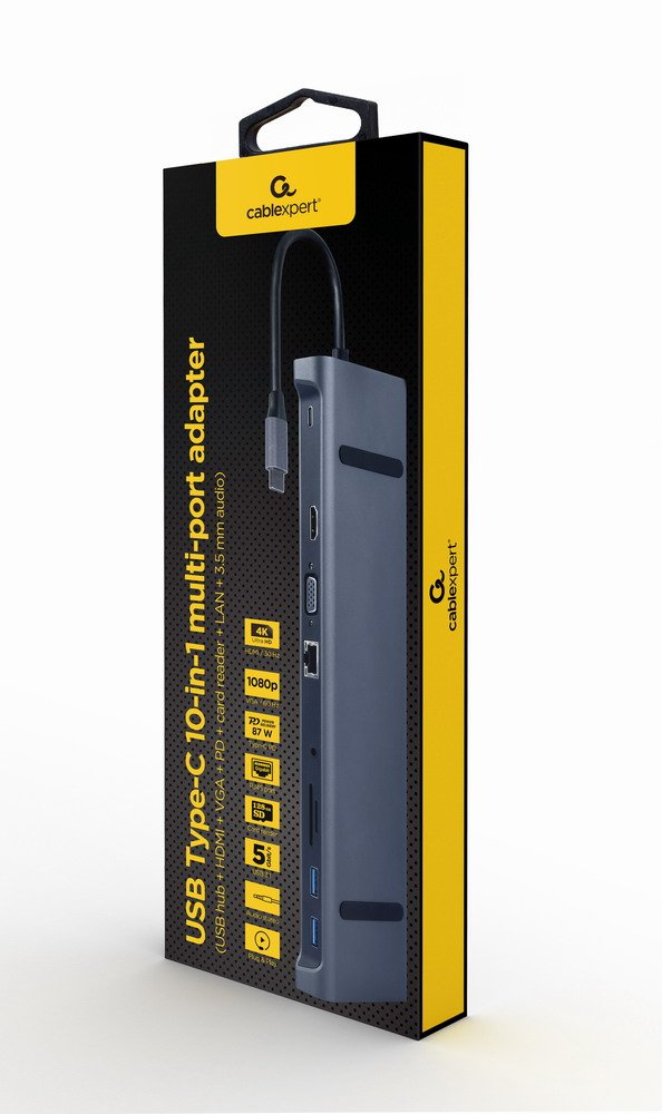 Gembird A-CM-COMBO10-01 USB Type-c 10IN1 Multi Port Adapter USB Hub + HDMI + VGA + Pd + Card Reader + LAN + 3.
