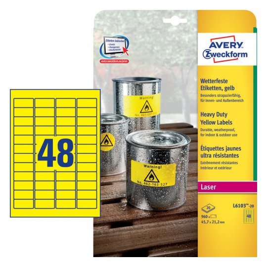 Avery L6103-20 Label Self-adhesive Yellow Rectángulo Permanente 960 Pieces