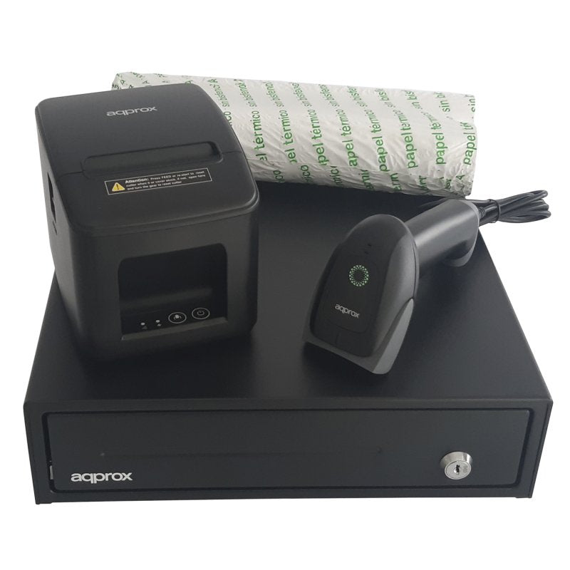 Approx Kit Tpv Cash Drawer APPCASH33 Black + Reader/Scanner APPLS22 + Printer Thermal APPPOS80AM-USB + Pack Ro