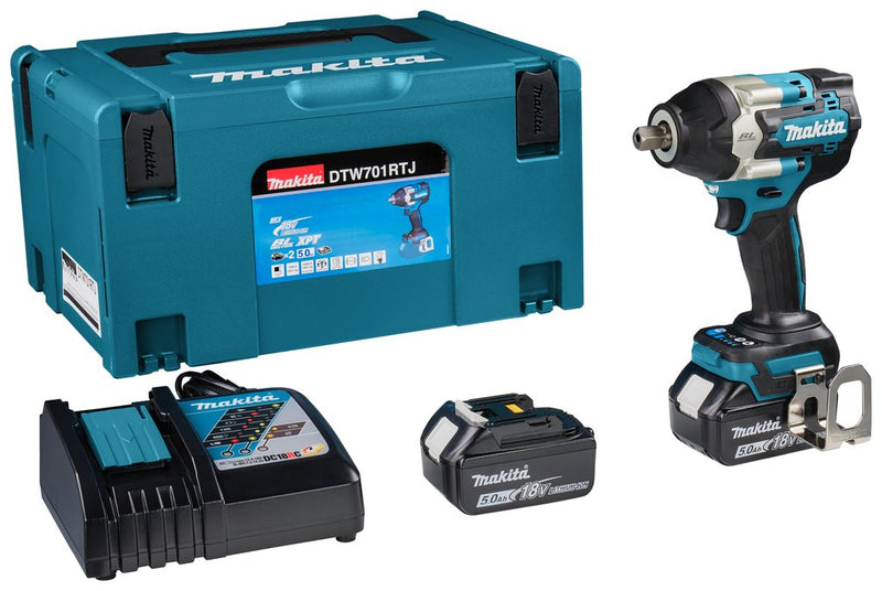Makita Key Impacto Wireless DTW701RTJ, 18 Voltios Blue/Black 2 Batteries Iones Litio 5AH, Size Makpac 3 D