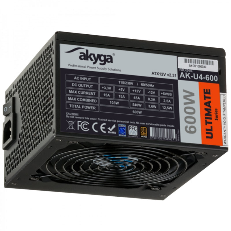 Akyga Power Supply AK-U4-600 600W 20 + 4 Pin ATX Black