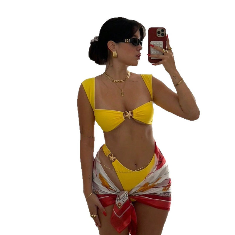 Bikini Swimsuit With Solid Color Wide Shoulder Straps Two Piece Swimsuit