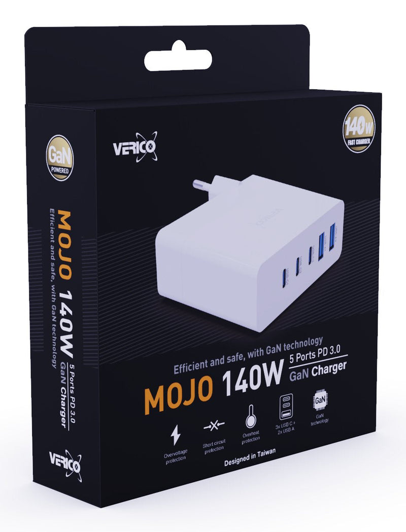 Verico Charger Mojo GaN 140W Pd, 5-PORT (usb-a & Usb-c) Wh Retail