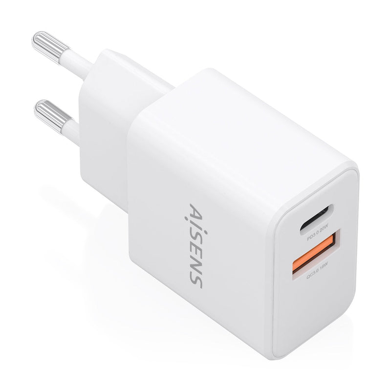 Aisens Charger GaN 20W, 1x USB-C PD 3.0, 1x USB-A QC3.0, White