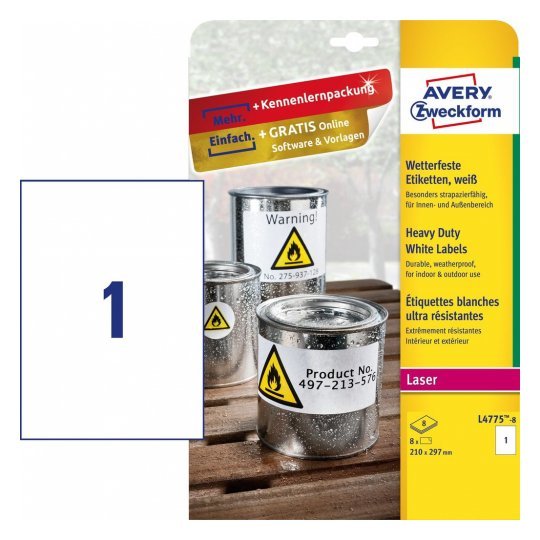 Avery Paquete 8 Hojas Labels Poliéster Blanco-impresoras LÁSER-210X297 Mm L4775-8