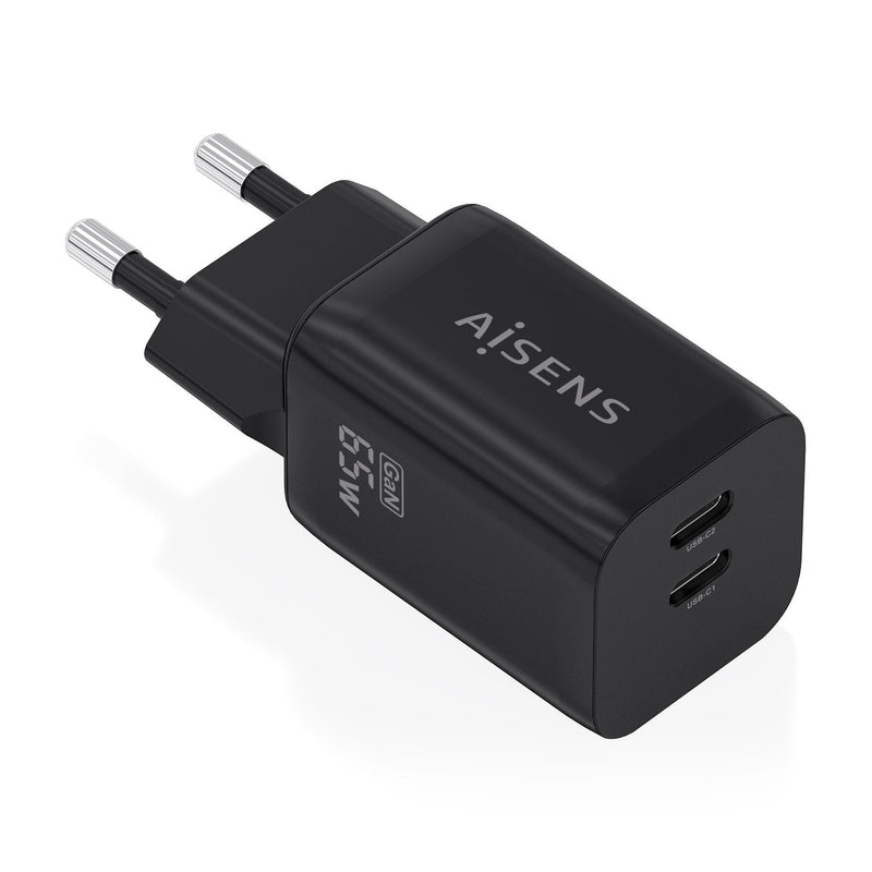 Aisens Charger GaN 65W, 2x USB-C PD 3.0 QC4.0, Black