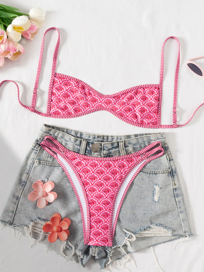 Printed Lace Up Low Rise Two Piece Bikini Quick Drying Swimsuit