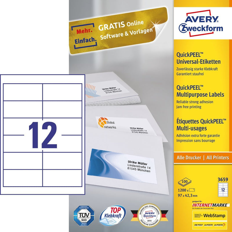 Avery 3659 Label Self-adhesive Rectángulo Permanente White 1200 Pieces