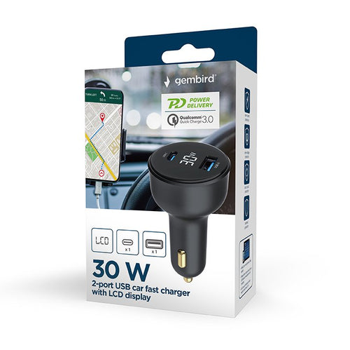 Gembird Fast Charger Car With 2 Ports Usb, Type-c, Pd, Lcd, 30W, Colour Black — image 1