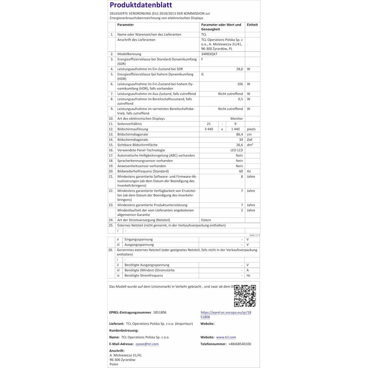 Tcl Monitor Tcl 34R83Q Lcd 37"