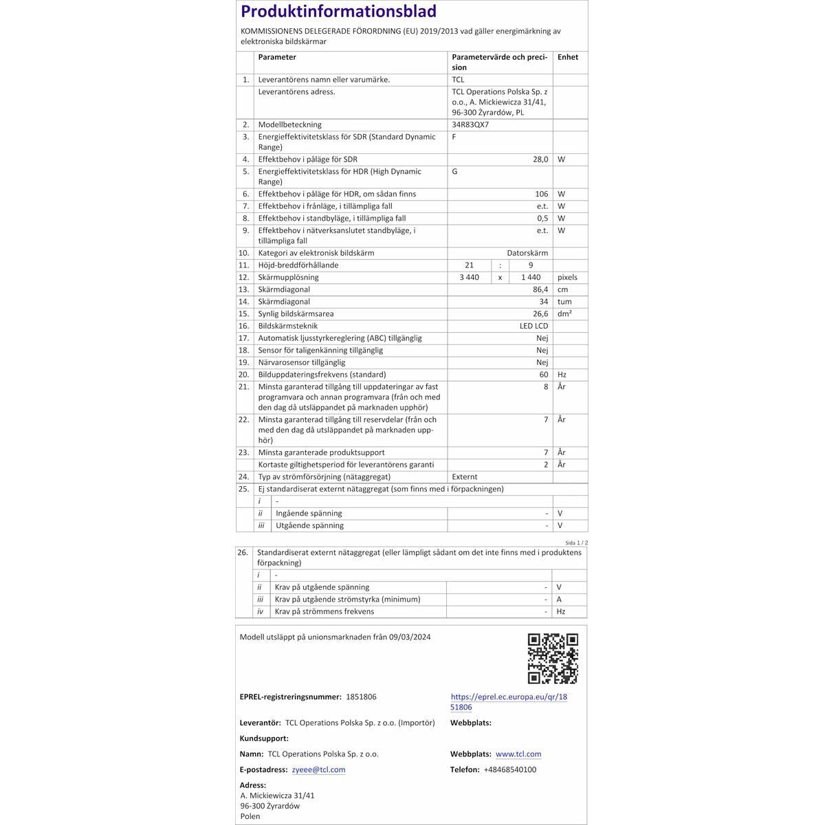 Tcl Monitor Tcl 34R83Q Lcd 37"
