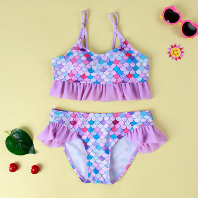 Girls' Scale Printed Flounced Gradient One-piece Swimsuit