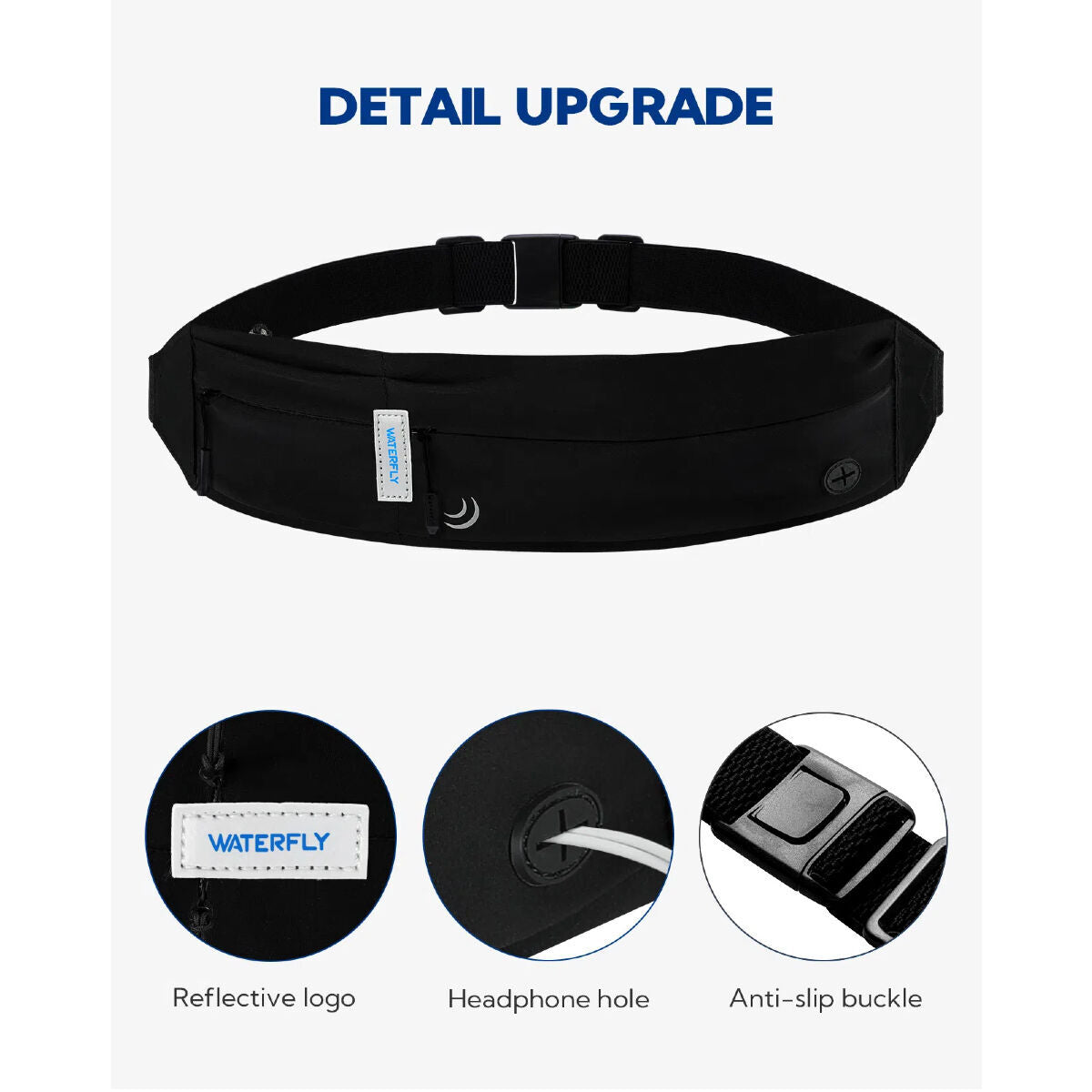 Waterfly Running Waist Bag 3.0 Black Unisex Lycra 1L with Reflectors & Headphone Output