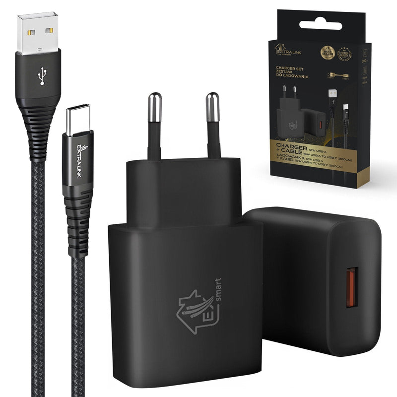 Charger Zestaw Smart Life USB Type a Or Type-c, 200CM, Black + LADOWARKA12W Black
