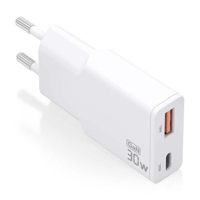 Aisens Charger GaN Ultra Slim 30W, 1x USB-C PD 3.0 QC4.0, 1x USB-A QC3.0, White — image 1
