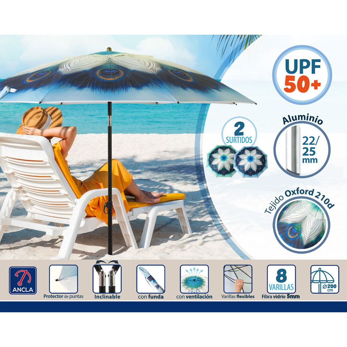 Beach parasol Blue Ø 200 cm SPF50+ Peacock