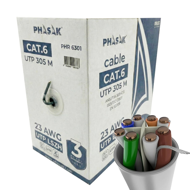 Phasak Bobina Cable RJ45 UTP Phr 6301 CAT.6 305M Grey