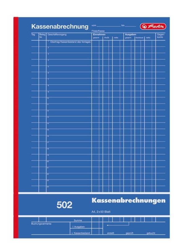 Herlitz 882415, Receipts A4, 100 Páginas, German