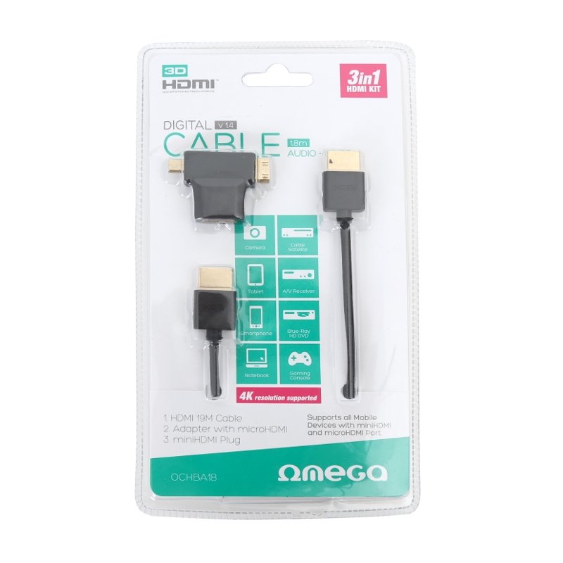 Omega HDMI Cable V1.4 + Adapter Minihdmi & Microhdmi 1.8M Blister