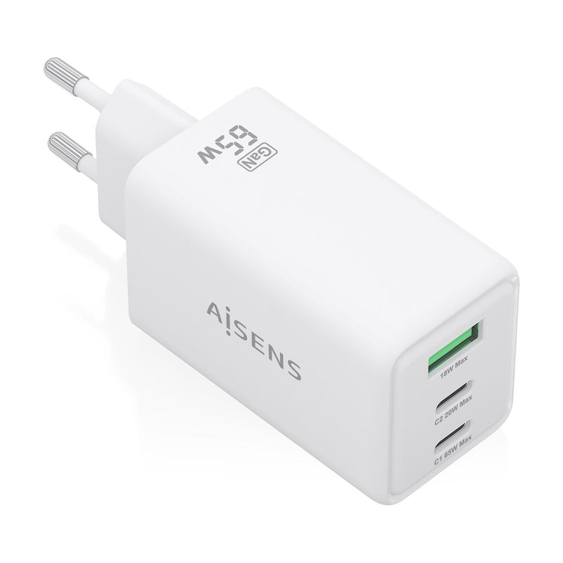 Aisens Charger GaN 65W, 2x USB-C PD 3.0 QC4.0, 1x USB-A QC3.0, White