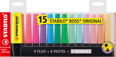 Stabilo Boss Genuine 15 Markers Colours 9 Fluorescentes 6 Pastel Set Of Desk — image 1