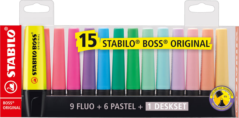 Stabilo Boss Genuine 15 Markers Colours 9 Fluorescentes 6 Pastel Set de escritorio