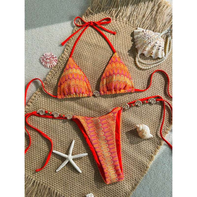 Womens Red Ethnic-style Bikini With Sexy Tie Details And Metallic Accents