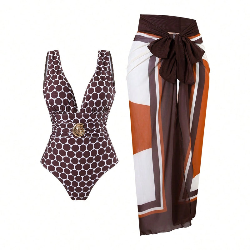 One-piece Deep-V Swimsuit With Printed Beach Dress Set