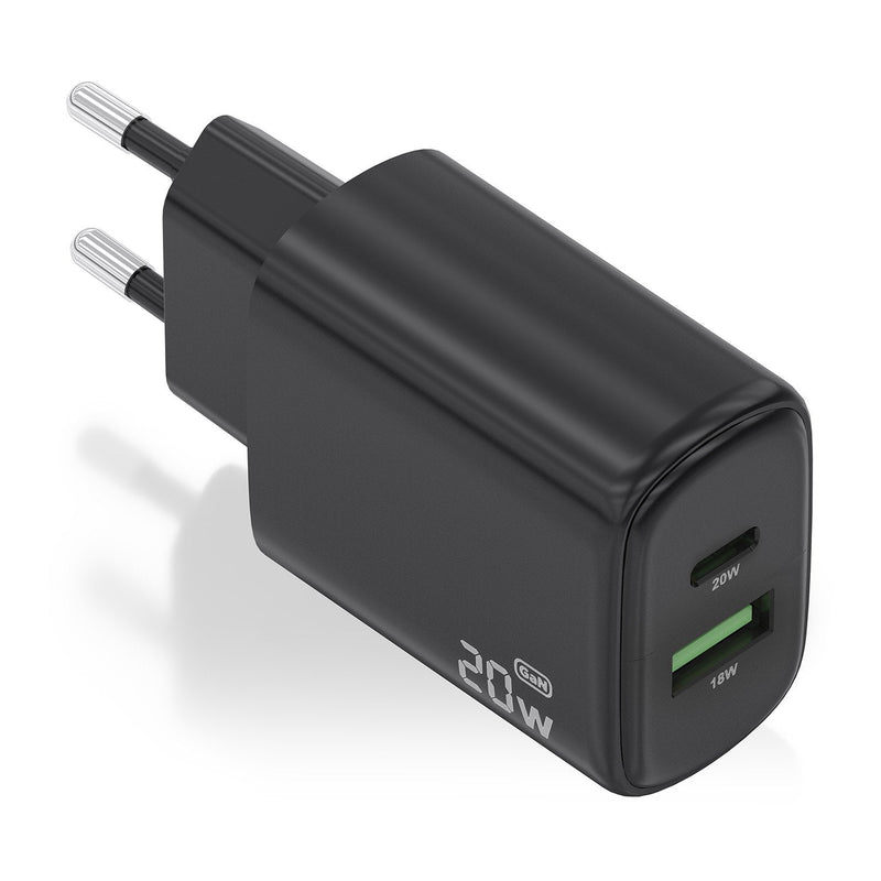 Aisens Charger GaN 20W, 1x USB-C PD 3.0, 1x USB-A QC3.0, Black