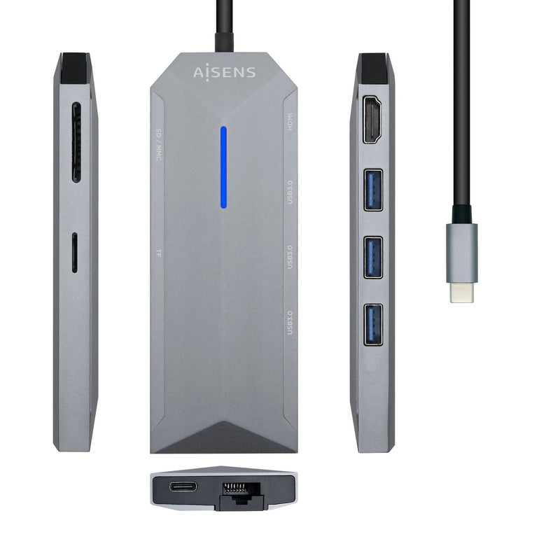 Aisens USB-C Dock 8 1 - USB-C a 1x HDMI - 1x RJ45 - 3x USB - 1XPD - 1XSD - 1XMICRO SD - 15CM - Grey