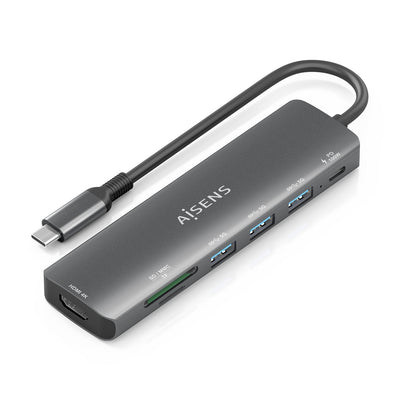 Aisens USB-C Dock 7 1, USB-C a 1x HDMI, 3x USB-A, 1x USB-C Pd 100W, 1XSD, 1XMICRO Sd, Grey 15CM — image 1