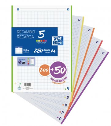 Oxford Spare Part 200 + 50 Hojas A4 Microperforadas 4 Cuadrícula 5X5MM 90GR 5 Bandas Colours Vivos — image 1