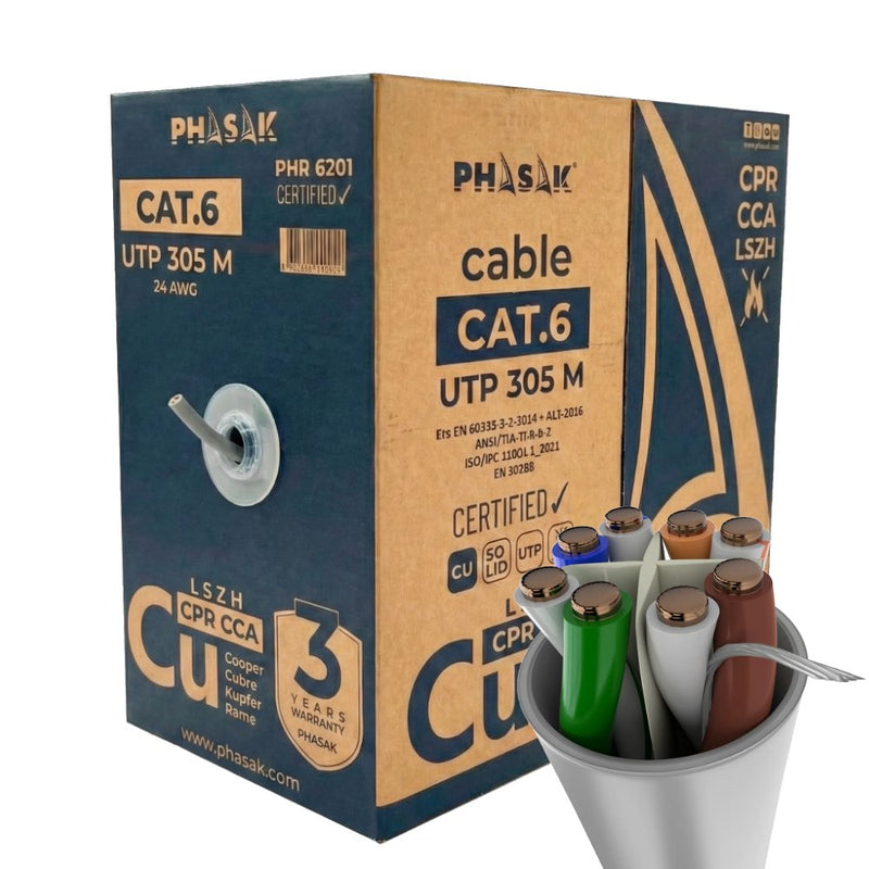 Phasak Cable Bobina UTP CAT.6 Solido Phasak Cu (cpr Cca) AWG24 Fluke Lszh 305M