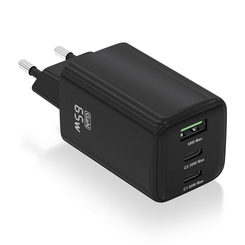 Aisens Charger GaN 65W, 2x USB-C PD 3.0 QC4.0, 1x USB-A QC3.0, Black