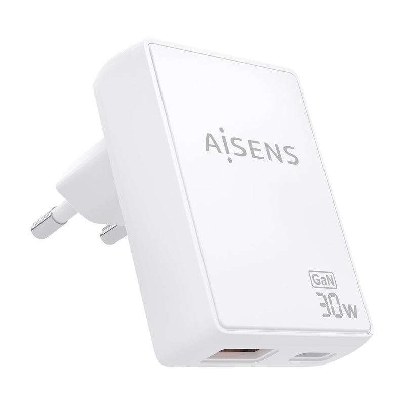 Aisens Wall Charger GaN Ultra Slim 30W, 1x USB-C PD 3.0 QC4.0, 1x USB-A QC3.0, White