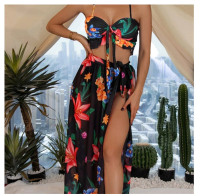 Womens Sexy Tube Top Ruffled Thong And Lace-Up Maxi Dress 3-Piece Set