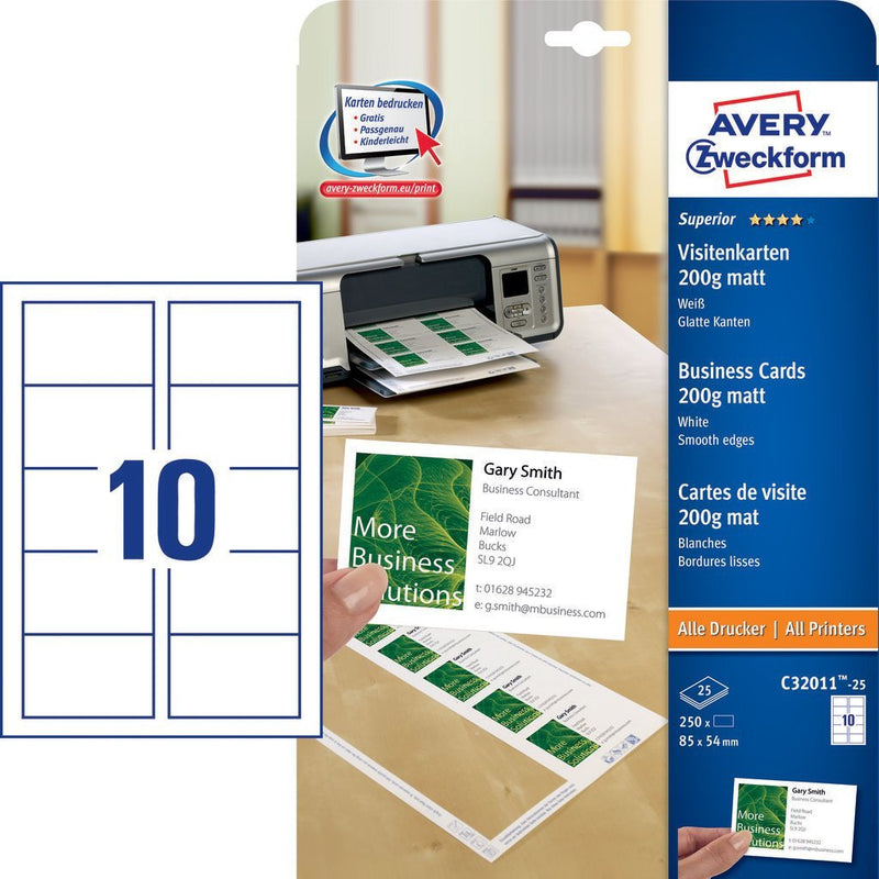 Avery Zweckform Visitenkarten C32011-25 Matte White 200G Qm, 250 Units