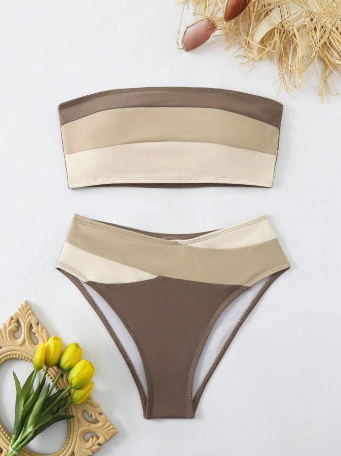 Fashionable Sexy Off-shoulder Color-block Two-piece Bikini