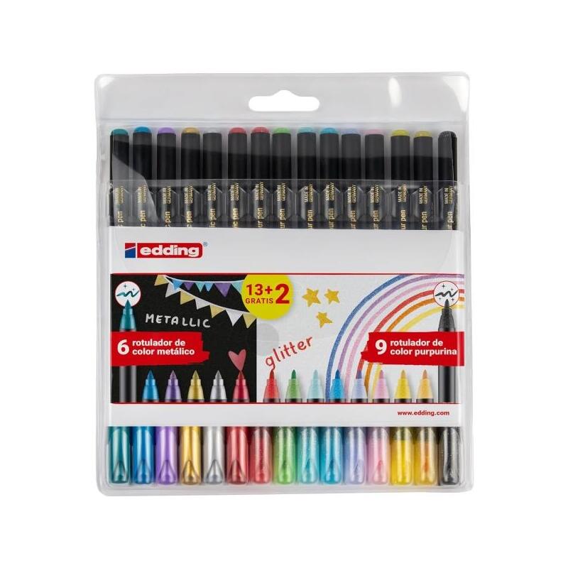 Edding 1200 Metallic And Glitter Pack 15 Markers - Punta Redonda - Trazo Metallic 1-3MM, Glitter 3MM - Ink Wit