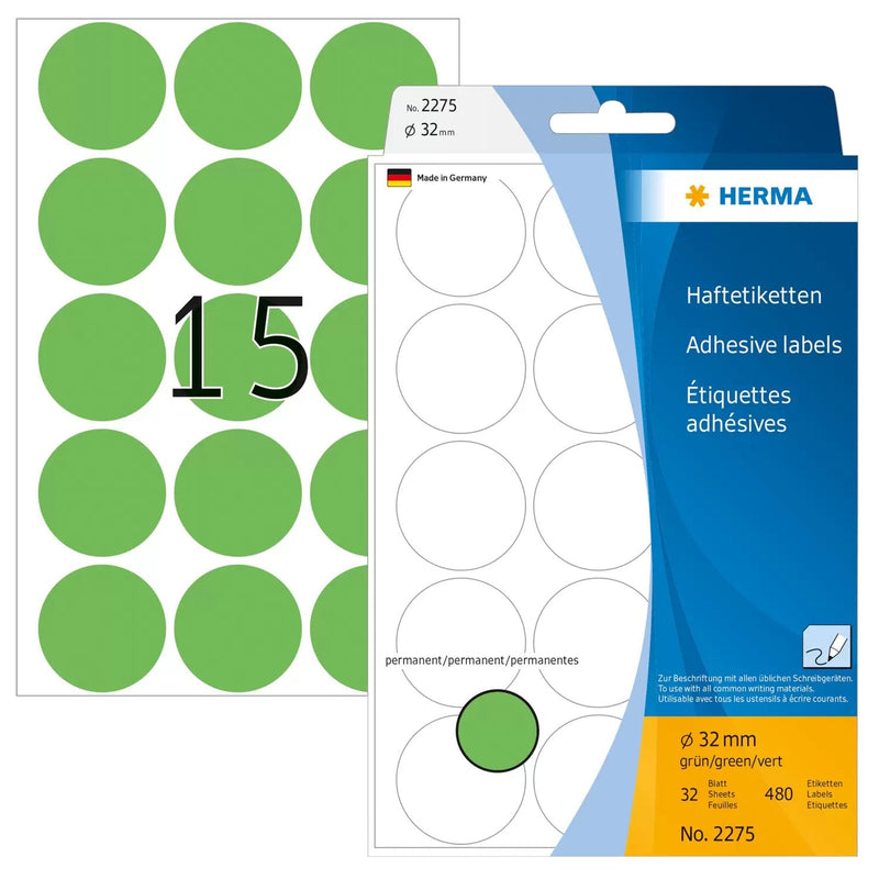 Herma Adhesive Labels Green 32MM 32 Sheets 111X170 480 Pcs. 2275 Labels
