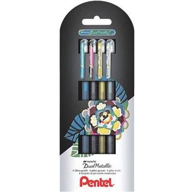 Pentel Hybrid Dual Metallic Pack 4 Pens Bola With Ink Gel Glossy - Punta 1MM - Trazo 0.5MM - Colours