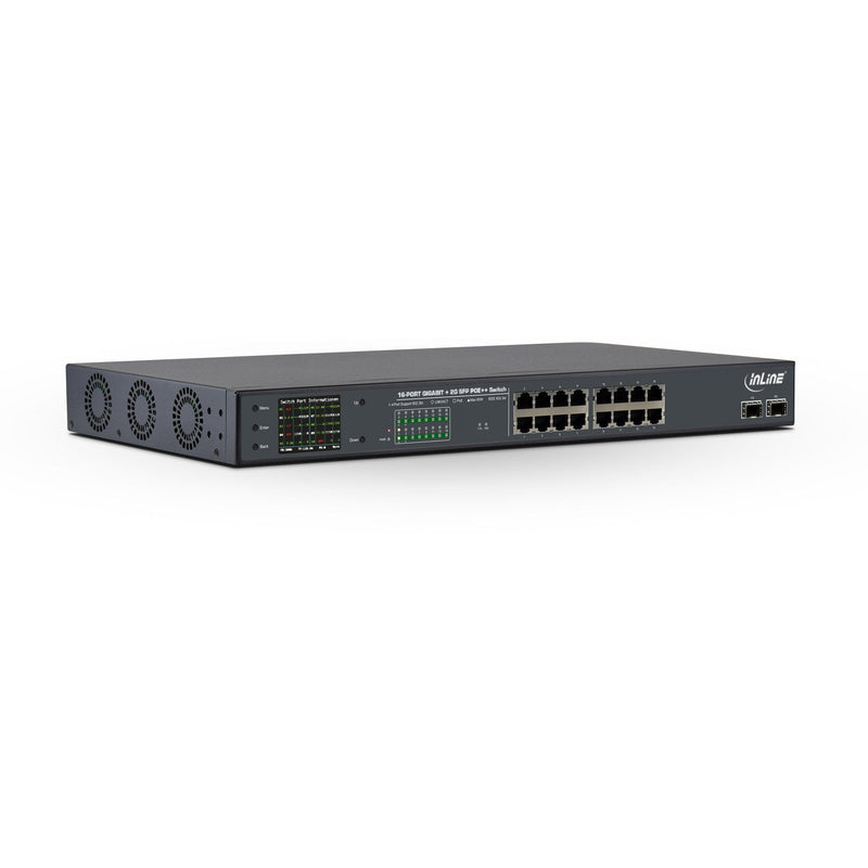 Inline Switch Network Gigabit PoE + 16 Ports 1Gbps, 2X Sfp, 48,26CM (19, Stands Incluidos), Metal Control Vent