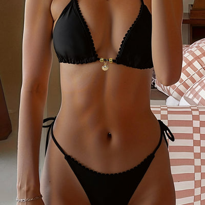 Solid-color Pendant With Delicate Floral Trim And Ruffled Details Swimsuit Set