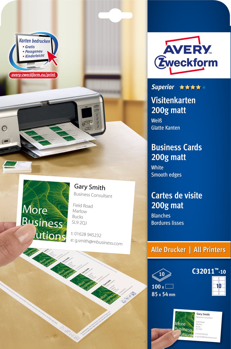 Avery Zweckform Visitenkarten C32011-10 Matte White 200G Qm, 100 Units