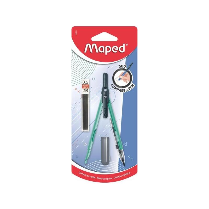 Maped Duo + Pen Pack Compas Duo + Cajita Minas - Compas Que Se Puede Utilizar Como Portaminas - Clip Bolsillo